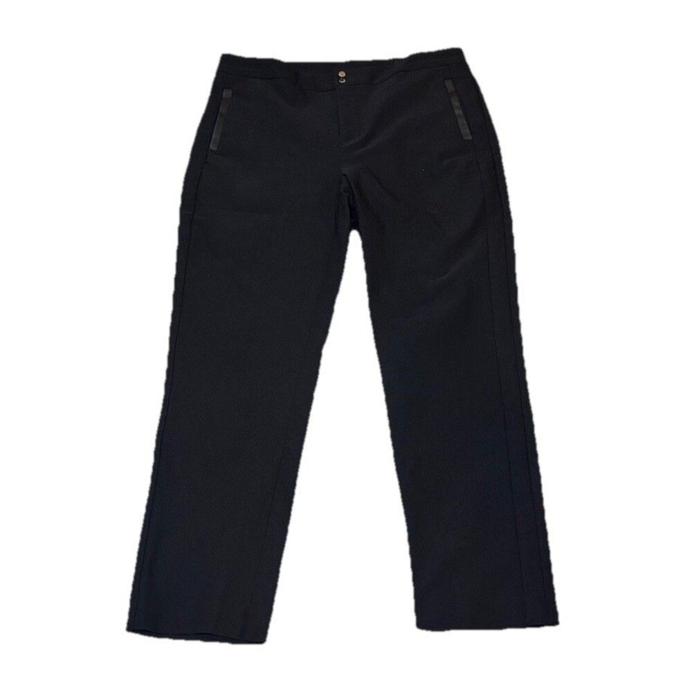 Chico’s Black Straight Leg Pants, Gold Button And Faux Leather Detail, Small